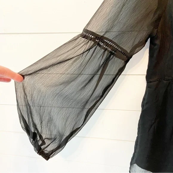 Catherine MaLandrino | Black Sheer Embroidered Bell Sleeve Blouse Size Medium - Picture 7 of 11